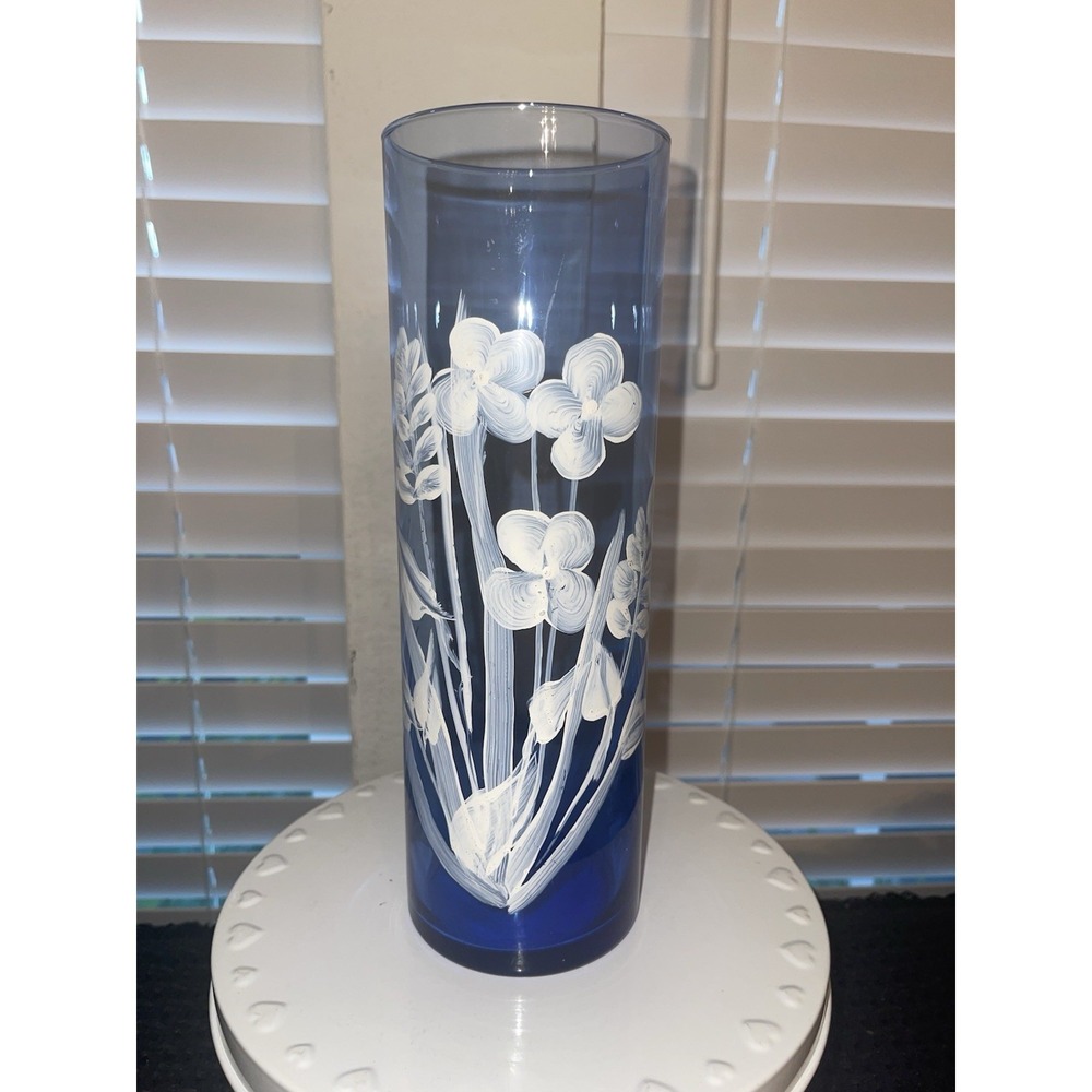 Vintage Blue‎ Glass Hand Painted Vase 10.5"